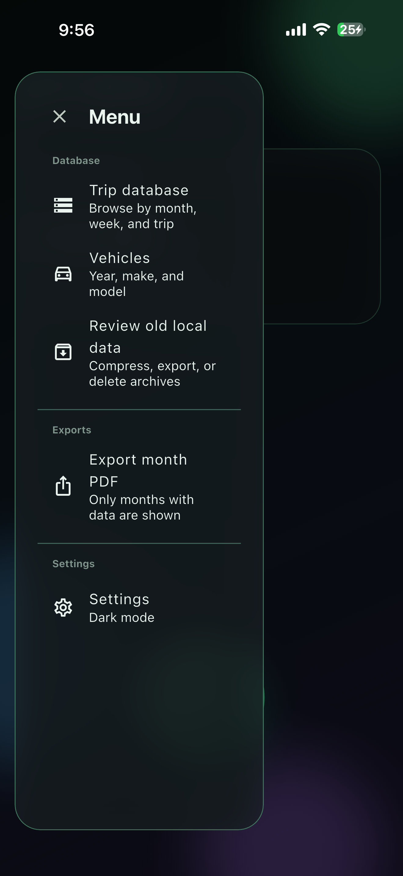 MiniTrak app menu screenshot